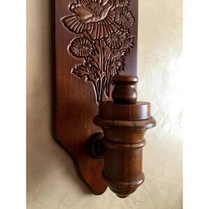 Vtg Hand Carved Wood Wall Sconce Candle Holder Floral Etched Craft Farmhouse